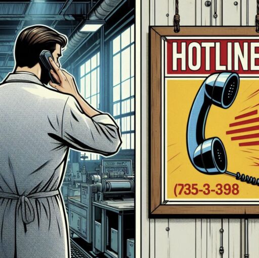 A comic book style drawing of an employee on a phone. In the foreground is a poster with the word Hotline on it.