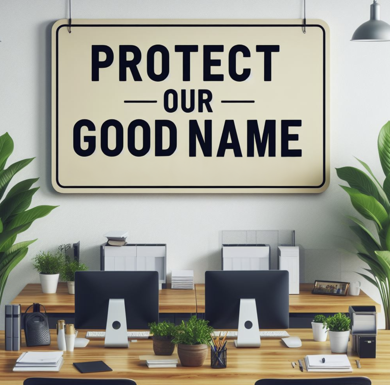 A sign in an office that says "Protect Our Good Name." This is image is used to support an article on hotline implementation.